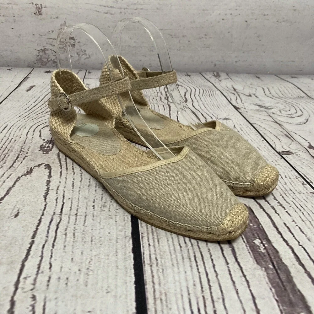 RAS Women's Espadrille Sandals Size 39 8.5 Beige Linen Ankle Strap Made in Spain